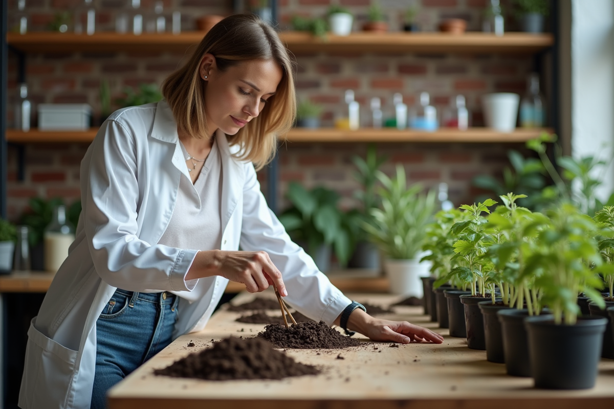 Femme agronome analysant des échantillons de sol en laboratoire