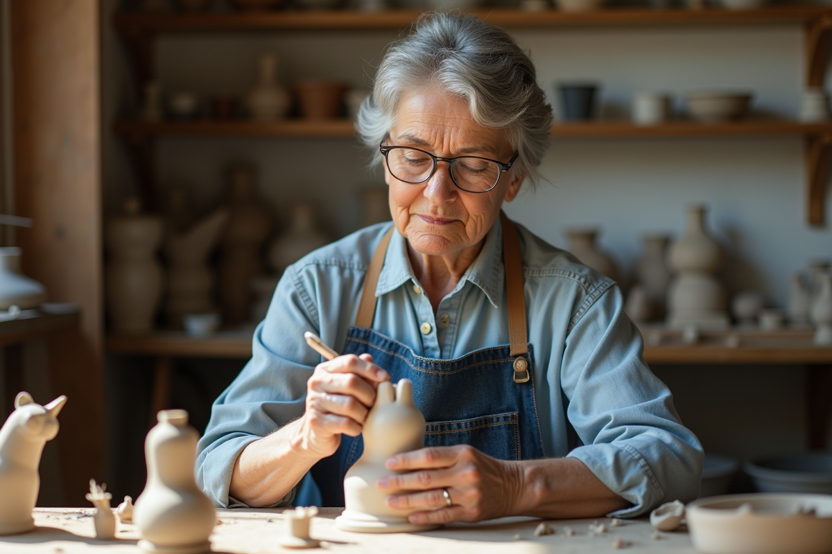 Femme artisan restaurant une sculpture en céramique dans son atelier