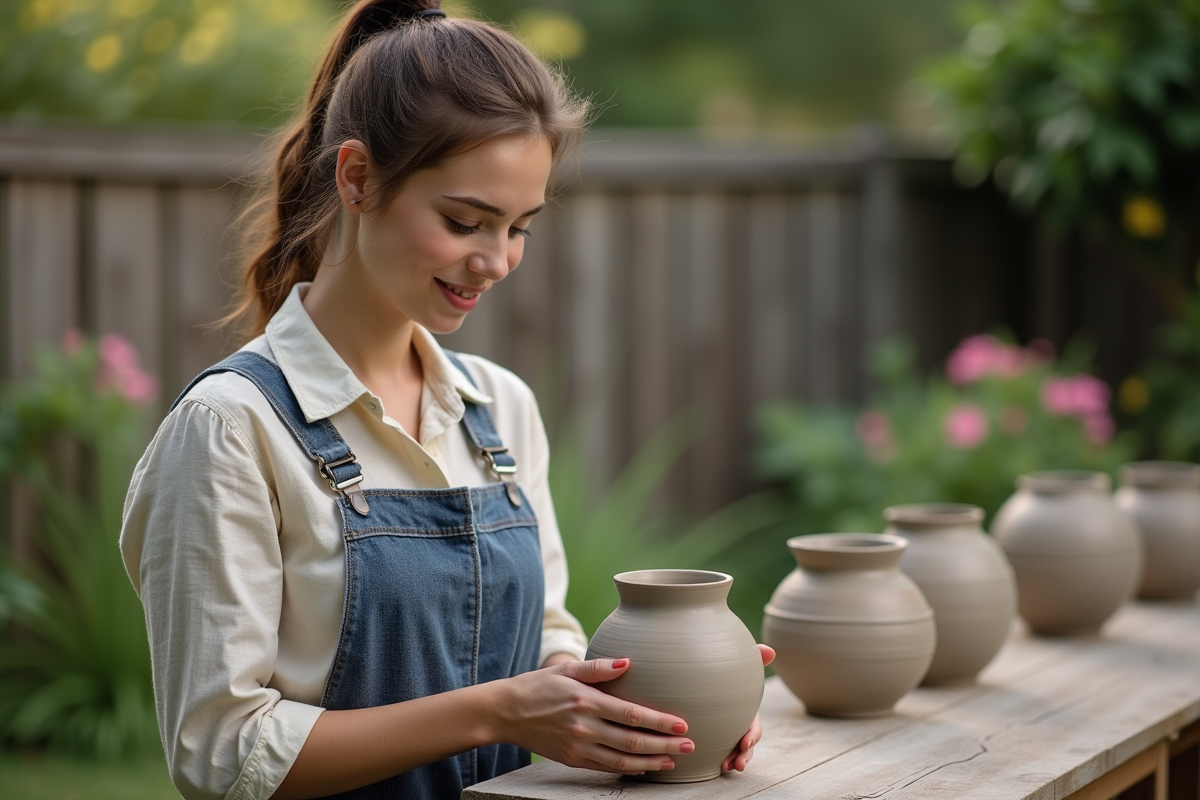 Jeune femme céramiste admirant une poterie dans son jardin