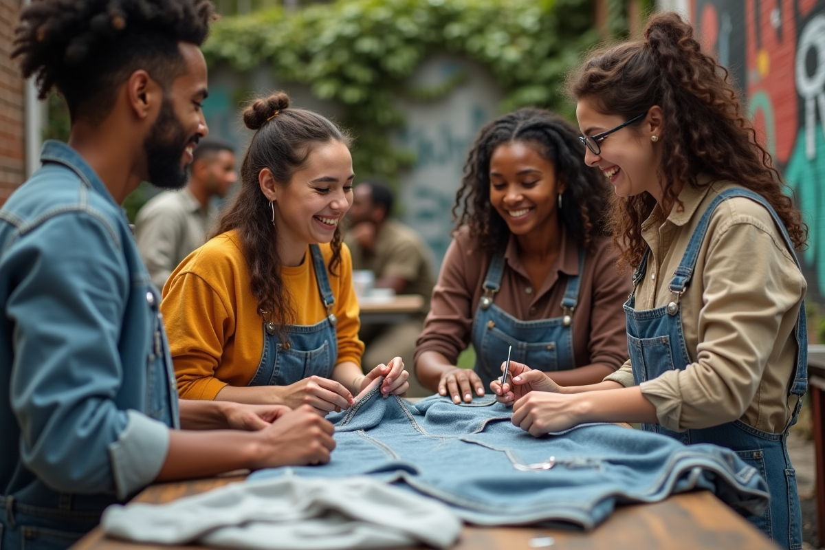 Groupe de jeunes réparant des vêtements dans espace urbain créatif