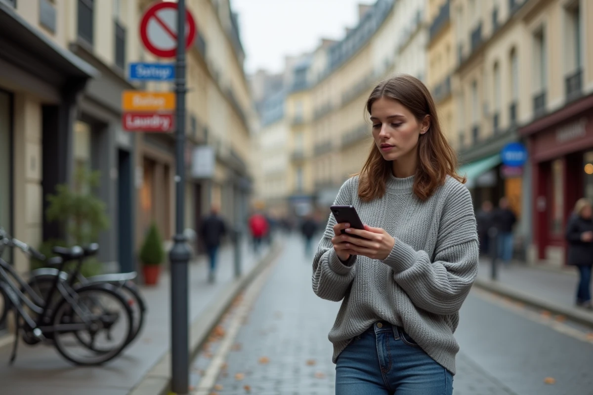 Jeune femme hésitant entre deux relais Colissimo dans un quartier résidentiel parisien