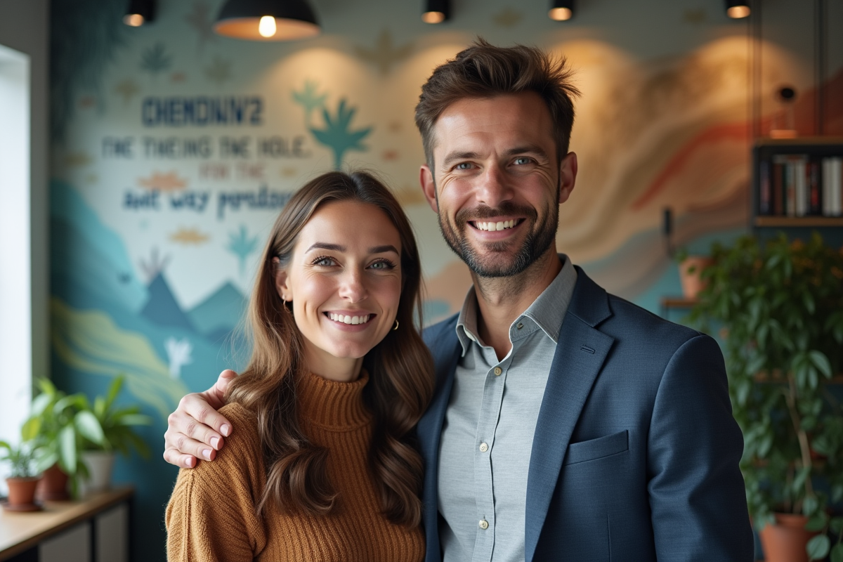 Homme et femme multigenerations devant mural inclusif