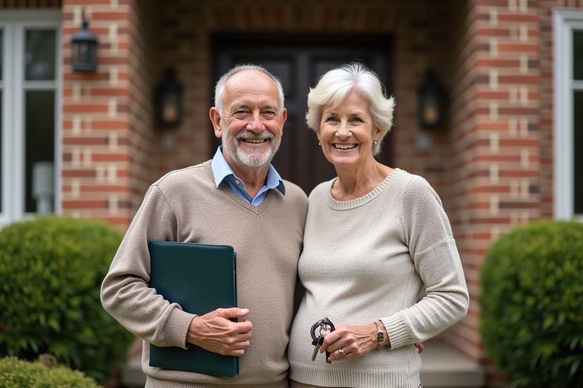Couple souriant tenant des clés devant leur maison
