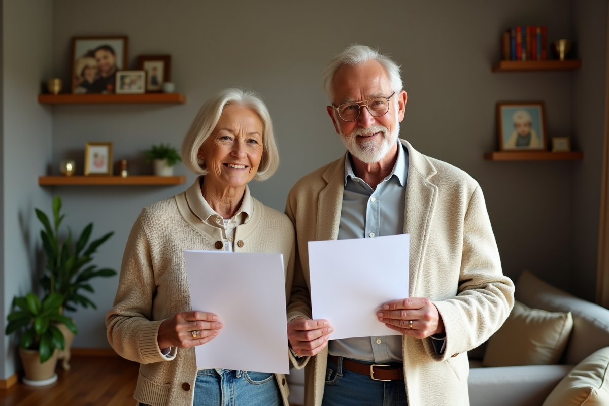Couple retraité souriant dans un salon chaleureux