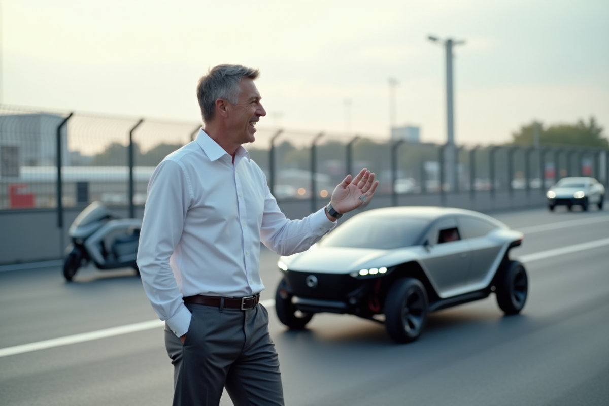 Designer automobile devant un châssis 3D imprimé sur un circuit test en ville