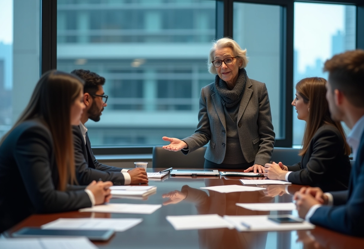 Economiste explique des graphiques devant collègues en réunion