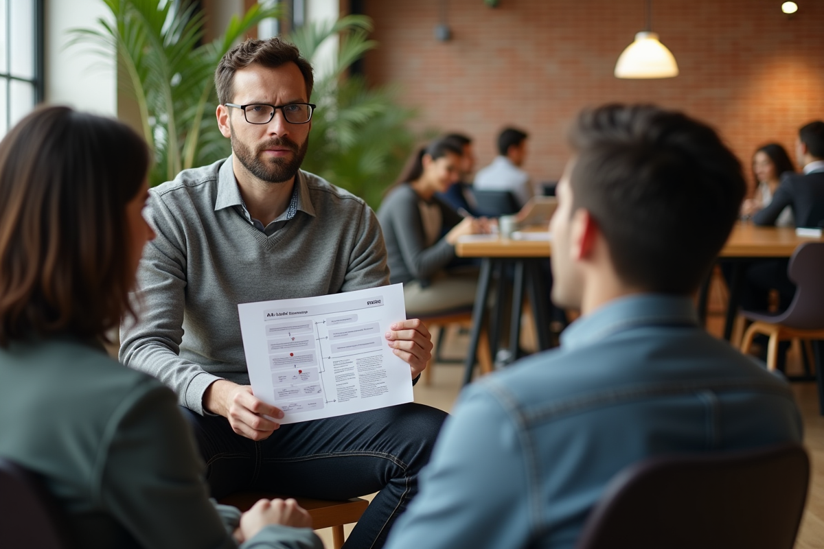 Homme entrepreneur discutant avec collègues dans un espace de coworking
