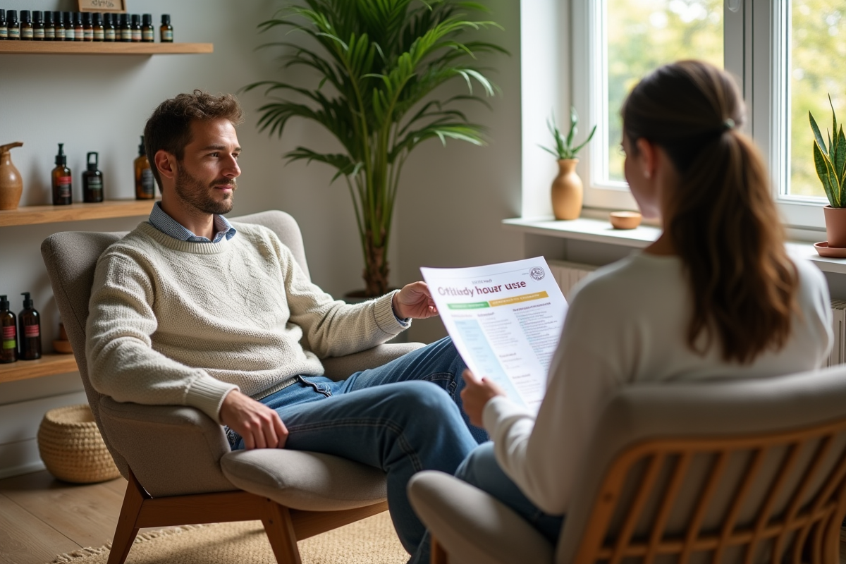 Jeune homme en consultation avec naturopathe expliquant un diagramme