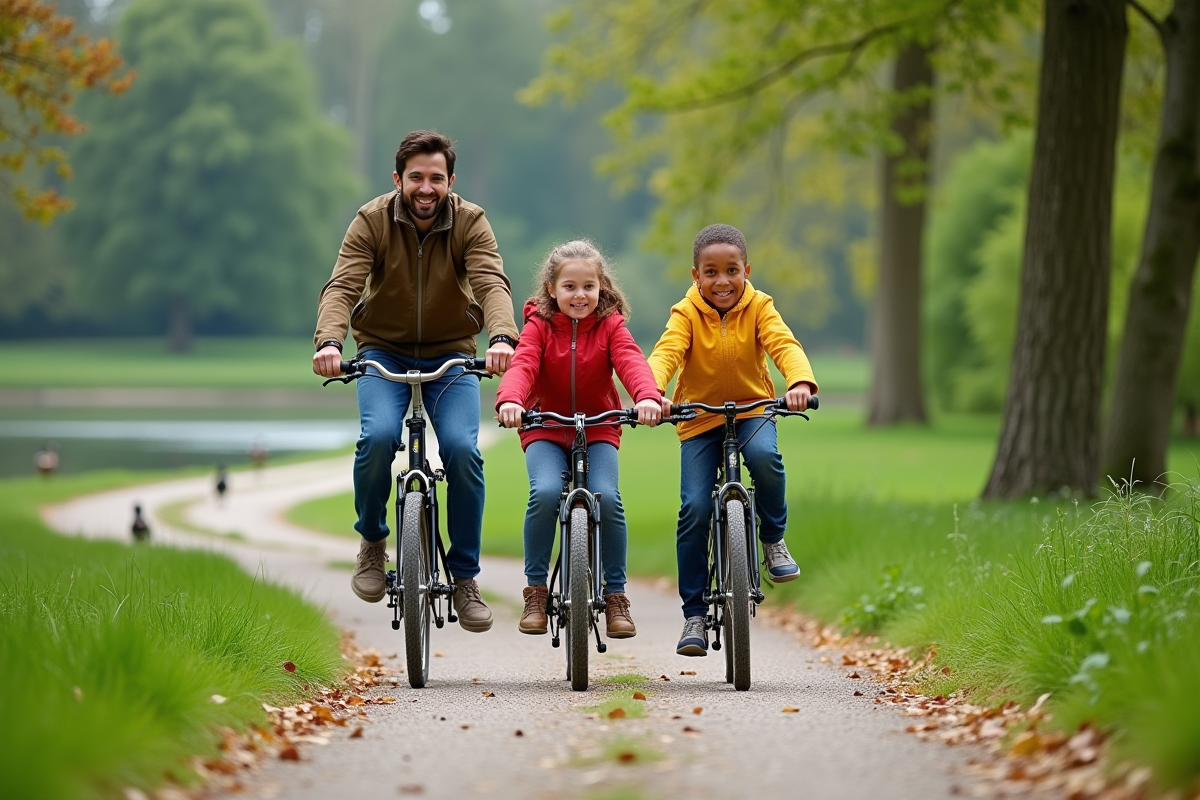 Famille pédalant à vélo dans un parc verdoyant