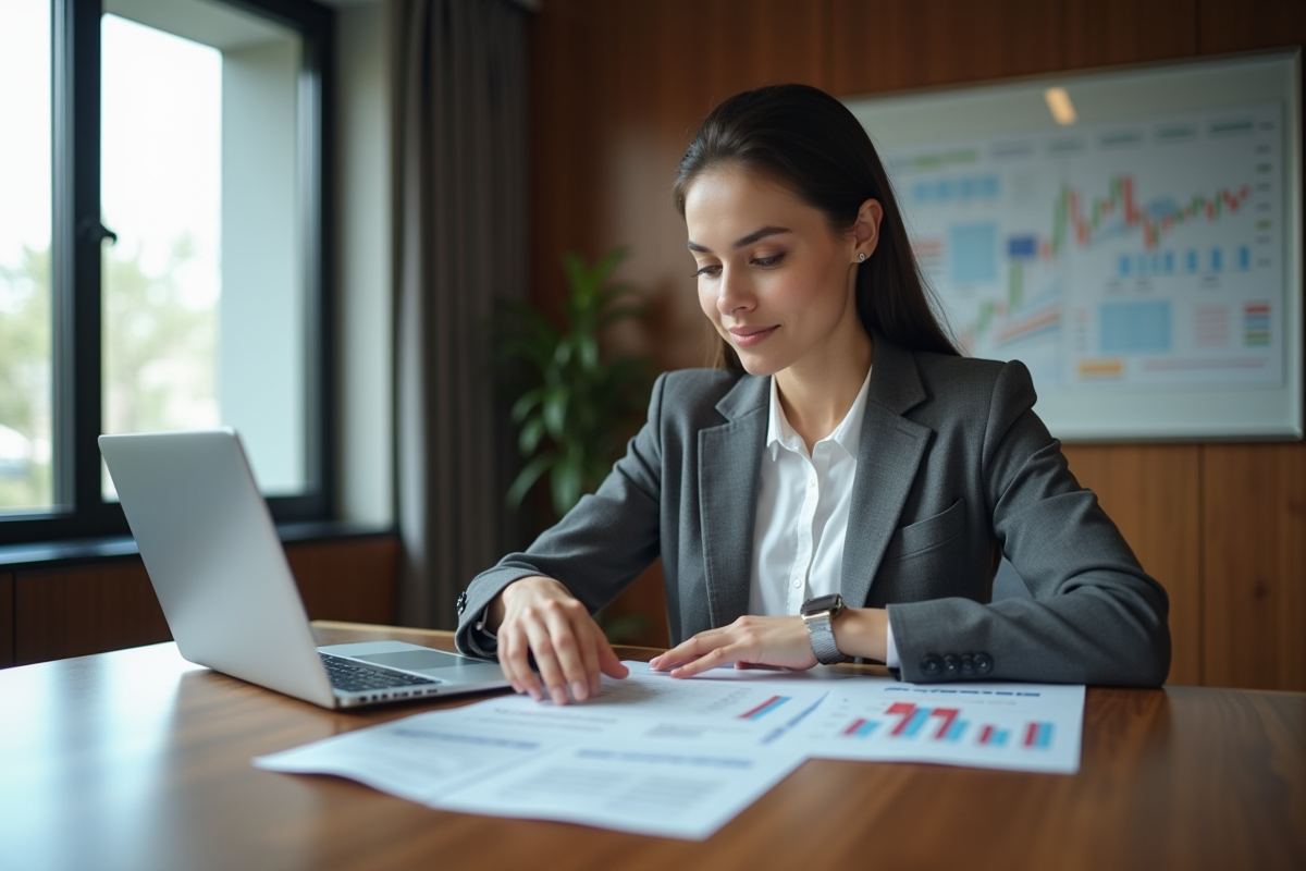 Jeune femme analysant des graphiques financiers