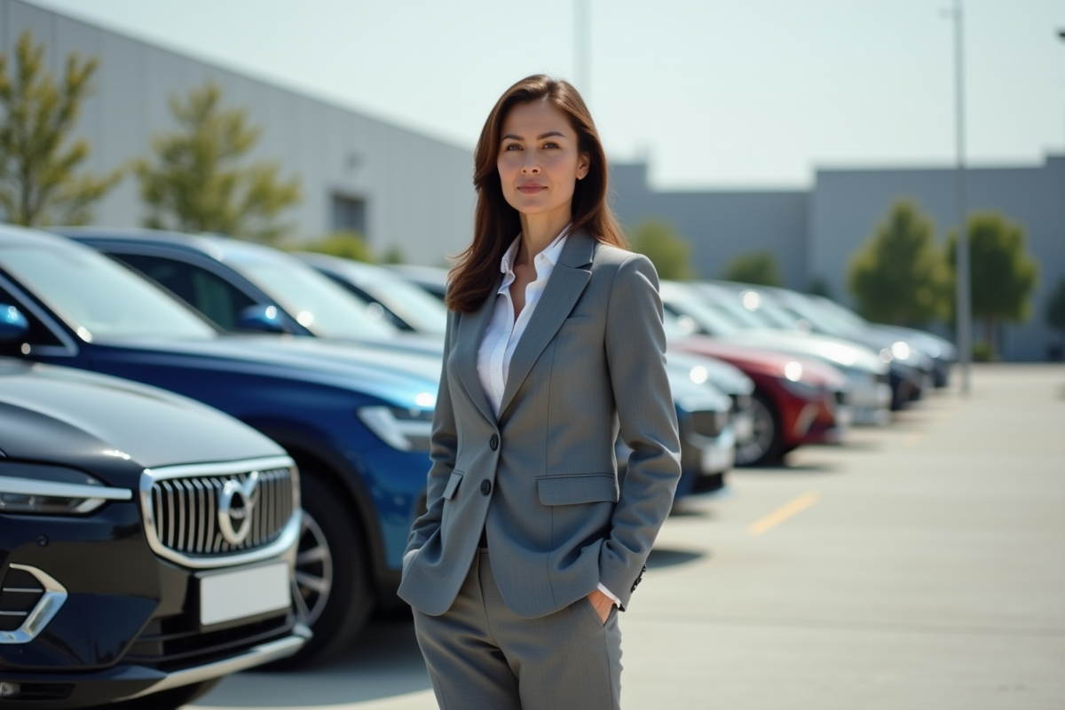 Femme cadre automobile devant des voitures en usine