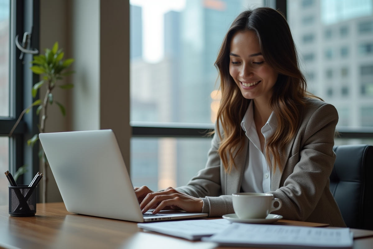 Jeune femme souriante travaillant sur un ordinateur portable