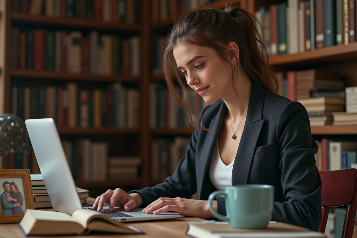 Jeune femme en étude à son bureau avec livres et ordinateur
