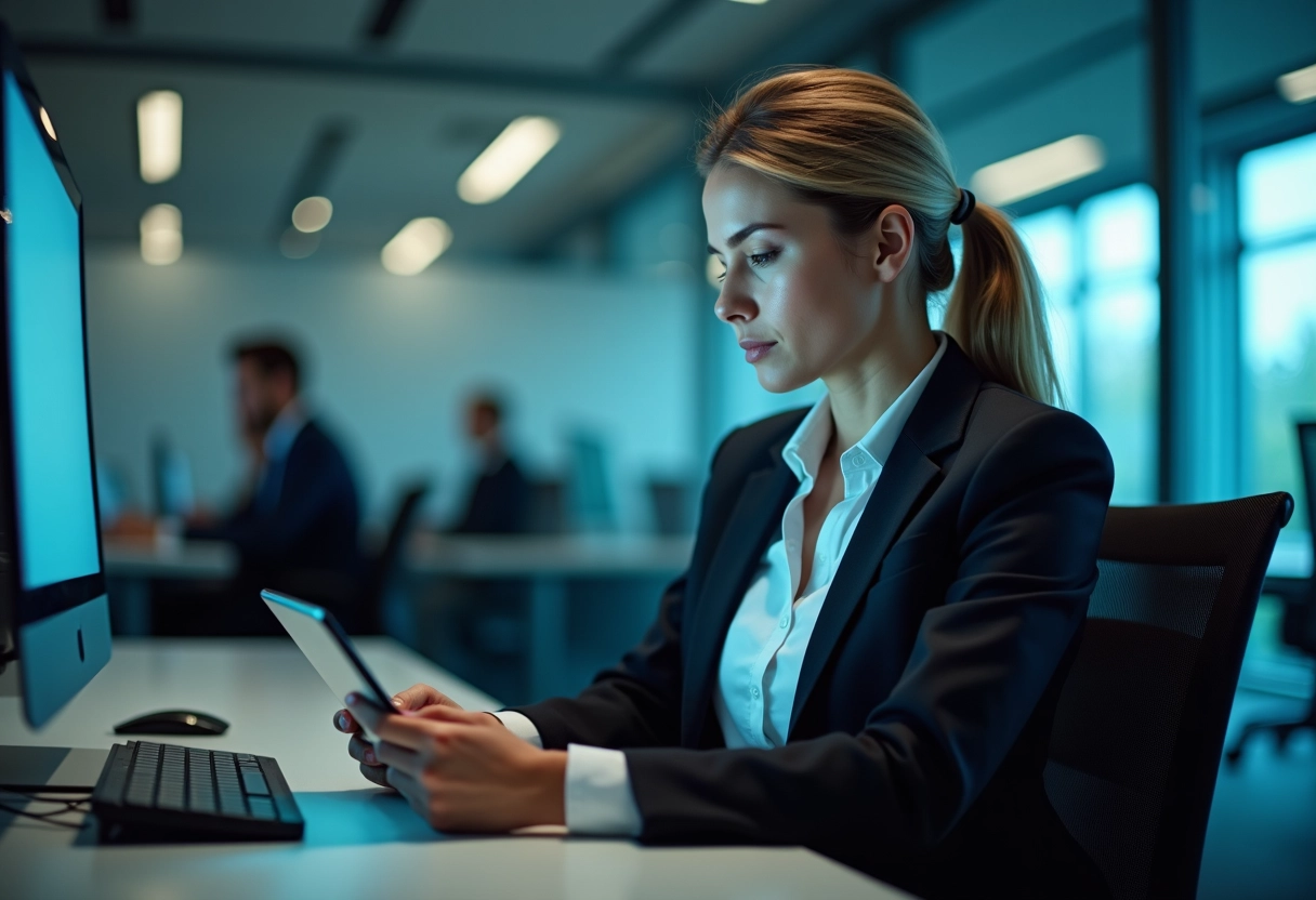 Femme d affaires utilisant une tablette avec alerte VPN