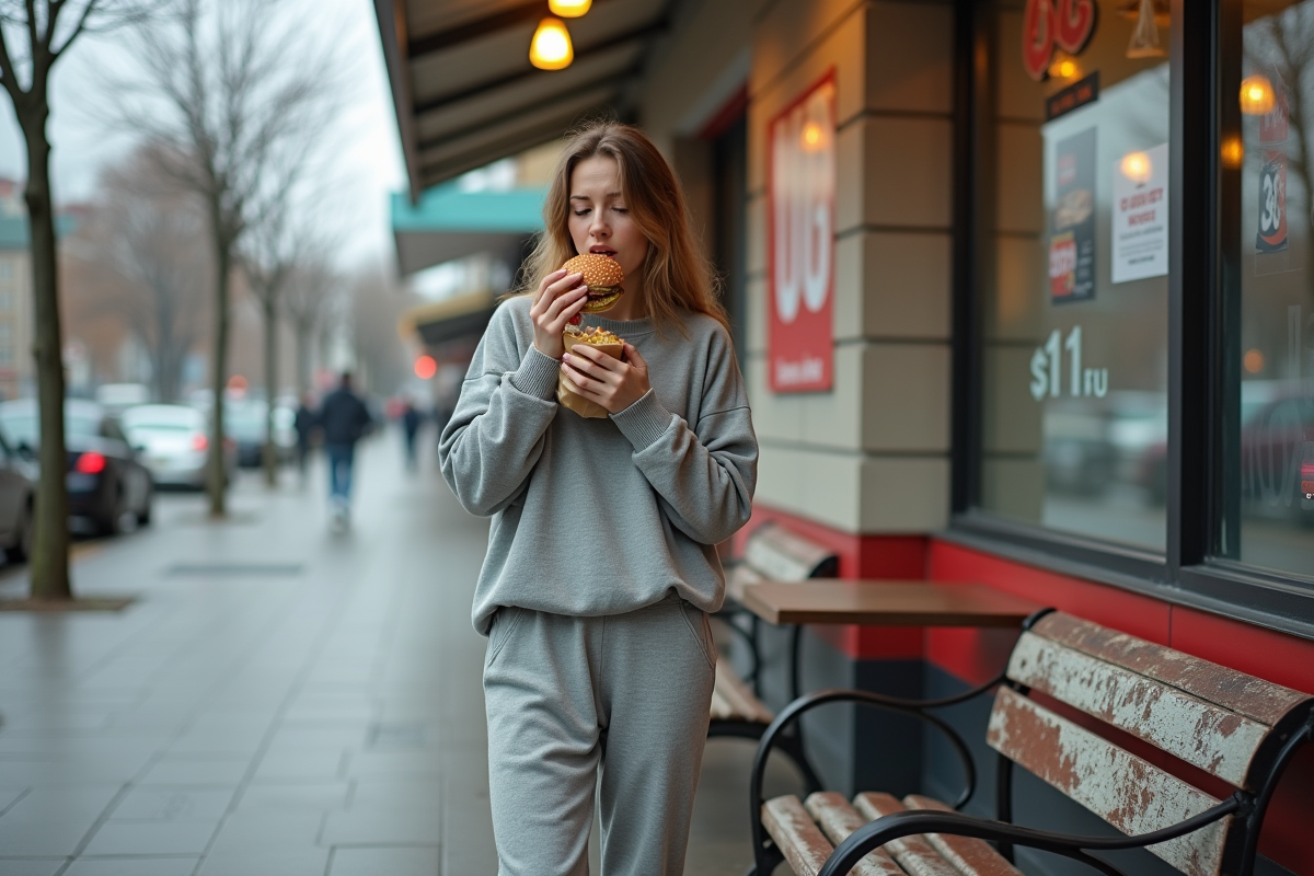 Jeune femme mangeant un burger devant un kiosque urbain