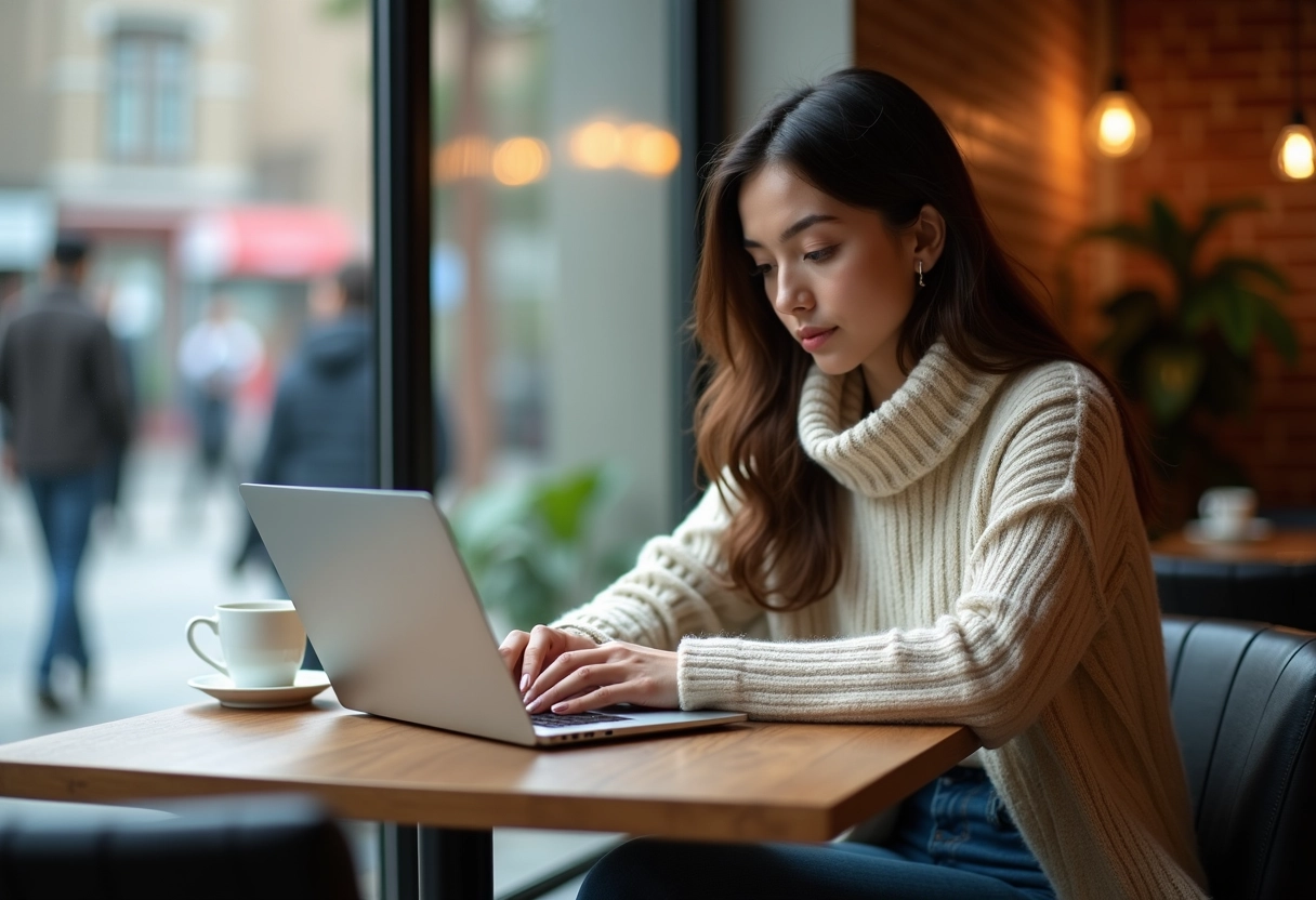 Femme au café travaillant sur son ordinateur portable
