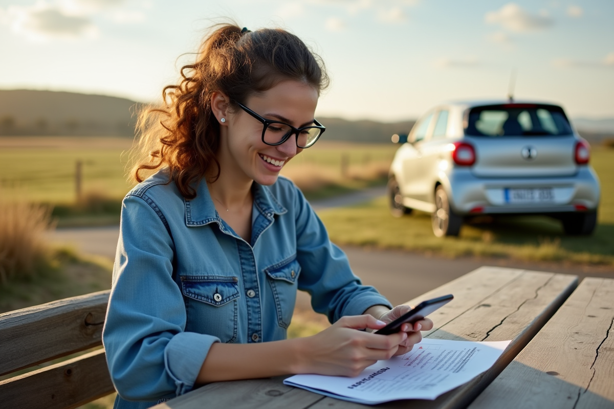 Femme utilisant smartphone pour calculs en plein air