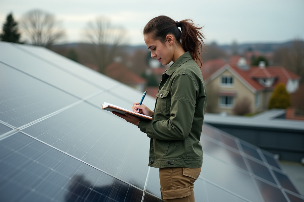 Jeune femme dessinant des calculs près de panneaux solaires