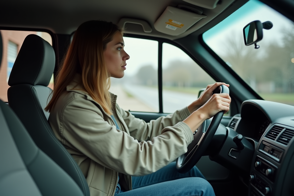 Jeune femme vérifiant les voyants du tableau de bord