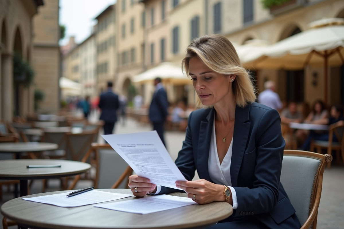 Femme professionnelle examinant des papiers à un café en village