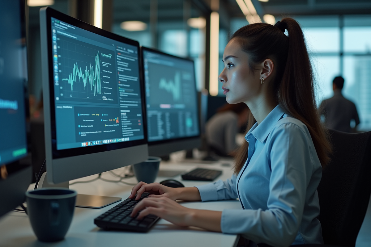 Jeune femme informatique surveillant reseau