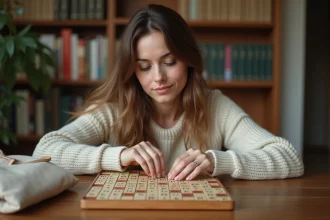 Femme jouant au Scrabble et posant des lettres sur un plateau en bois pour former des mots valides