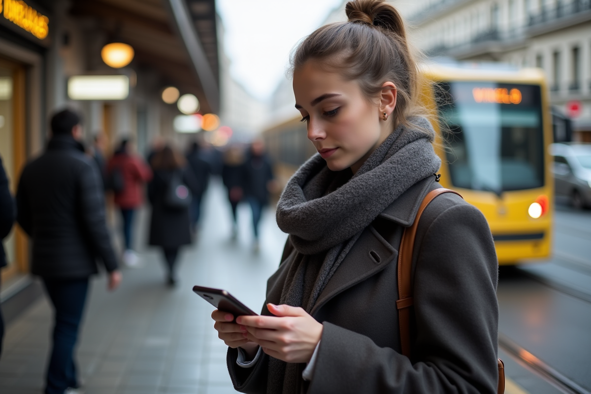 Jeune femme française regardant son smartphone à un arrêt de tram à Paris
