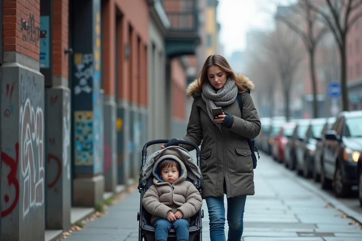 Femme en hiver poussant une poussette dans la ville
