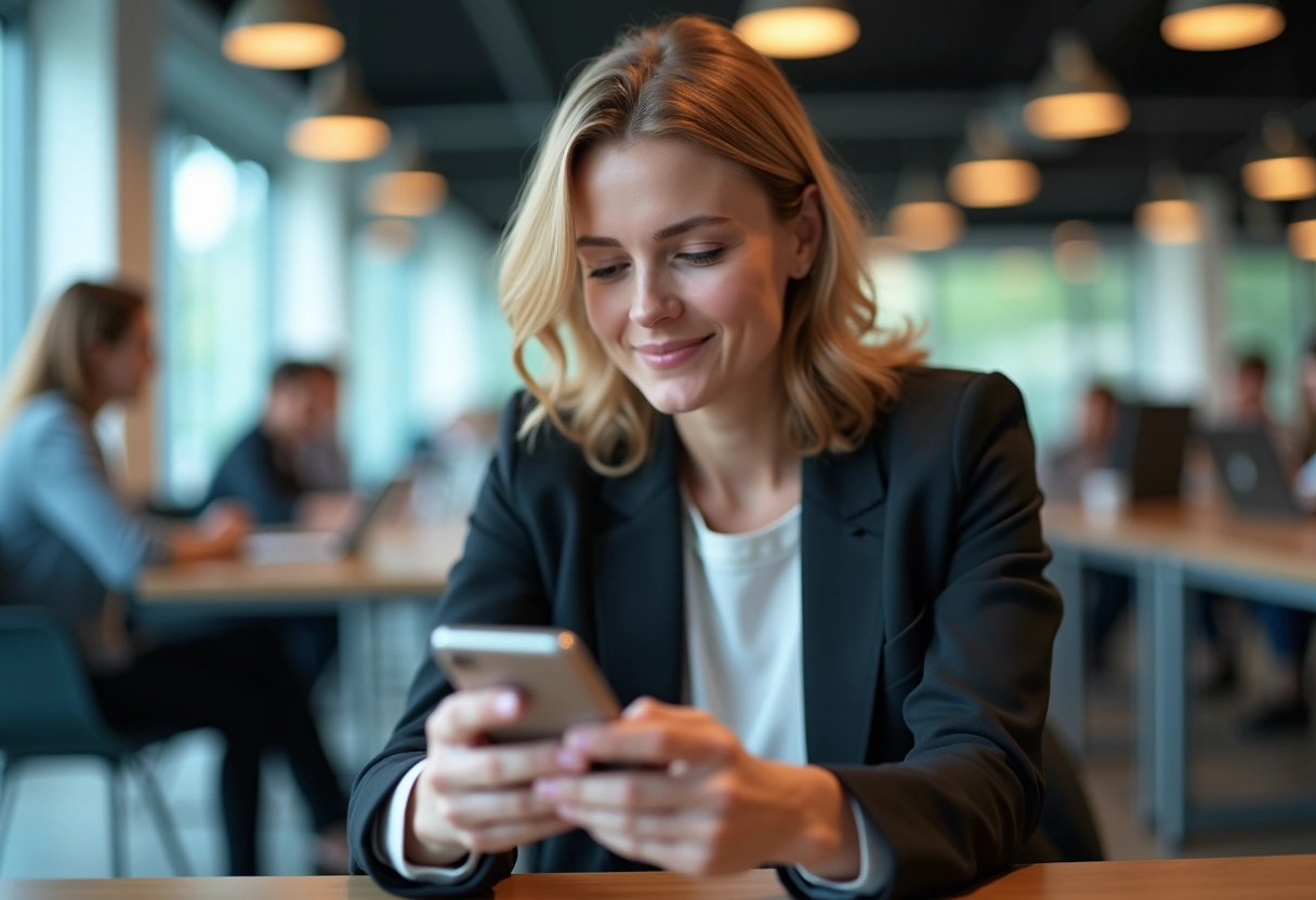 Femme d age moyen utilisant son smartphone dans un espace coworking