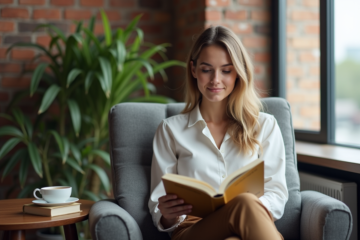 Jeune femme détendue buvant un café dans un espace cosy