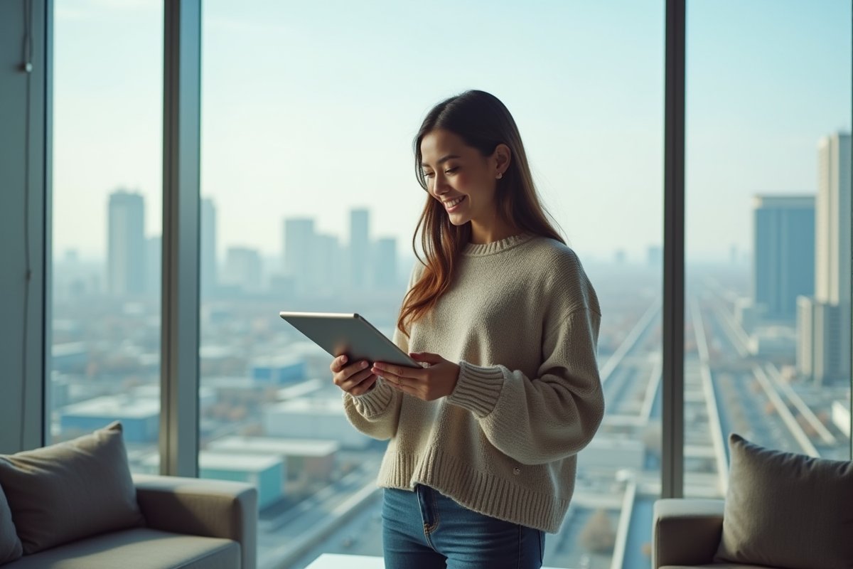 Jeune femme regardant des graphiques ETF sur une tablette devant une fenêtre urbaine