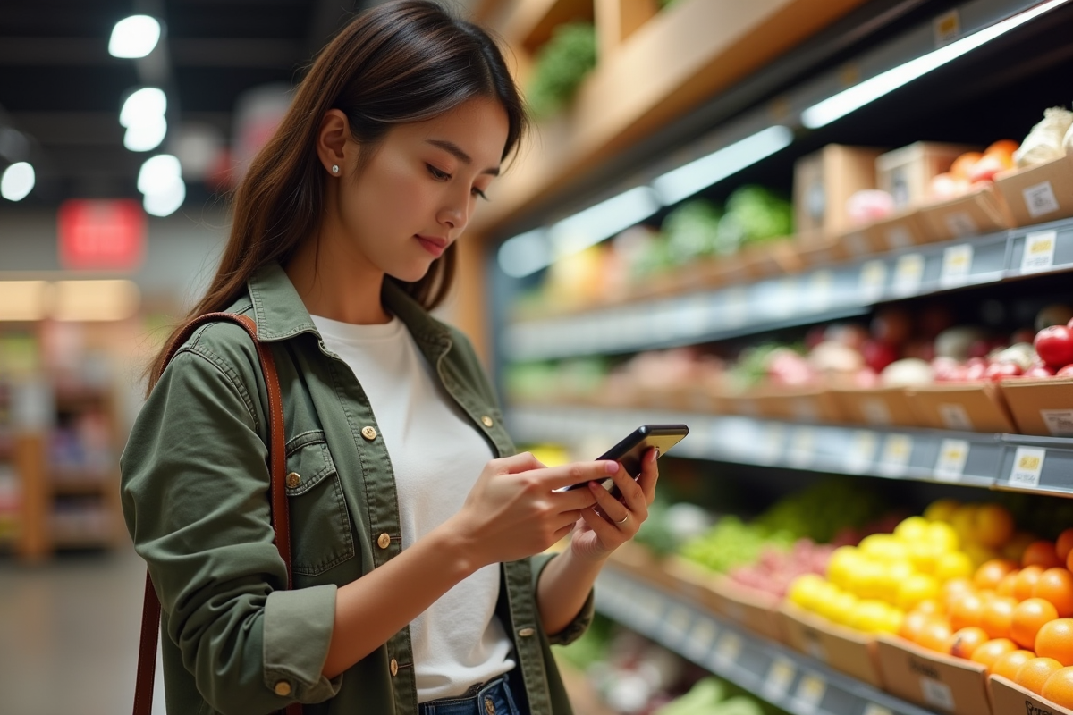 Jeune femme comparant prix et liste de courses en supermarche