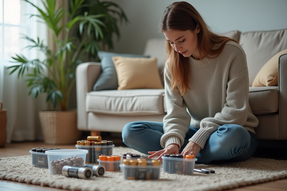 Jeune femme triant des batteries dans un salon cosy