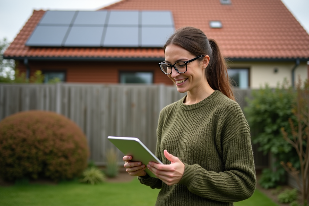 Femme souriante vérifiant données solaires dans son jardin