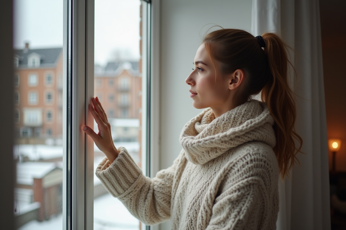 Jeune femme vérifiant une fenêtre à double vitrage dans un salon lumineux
