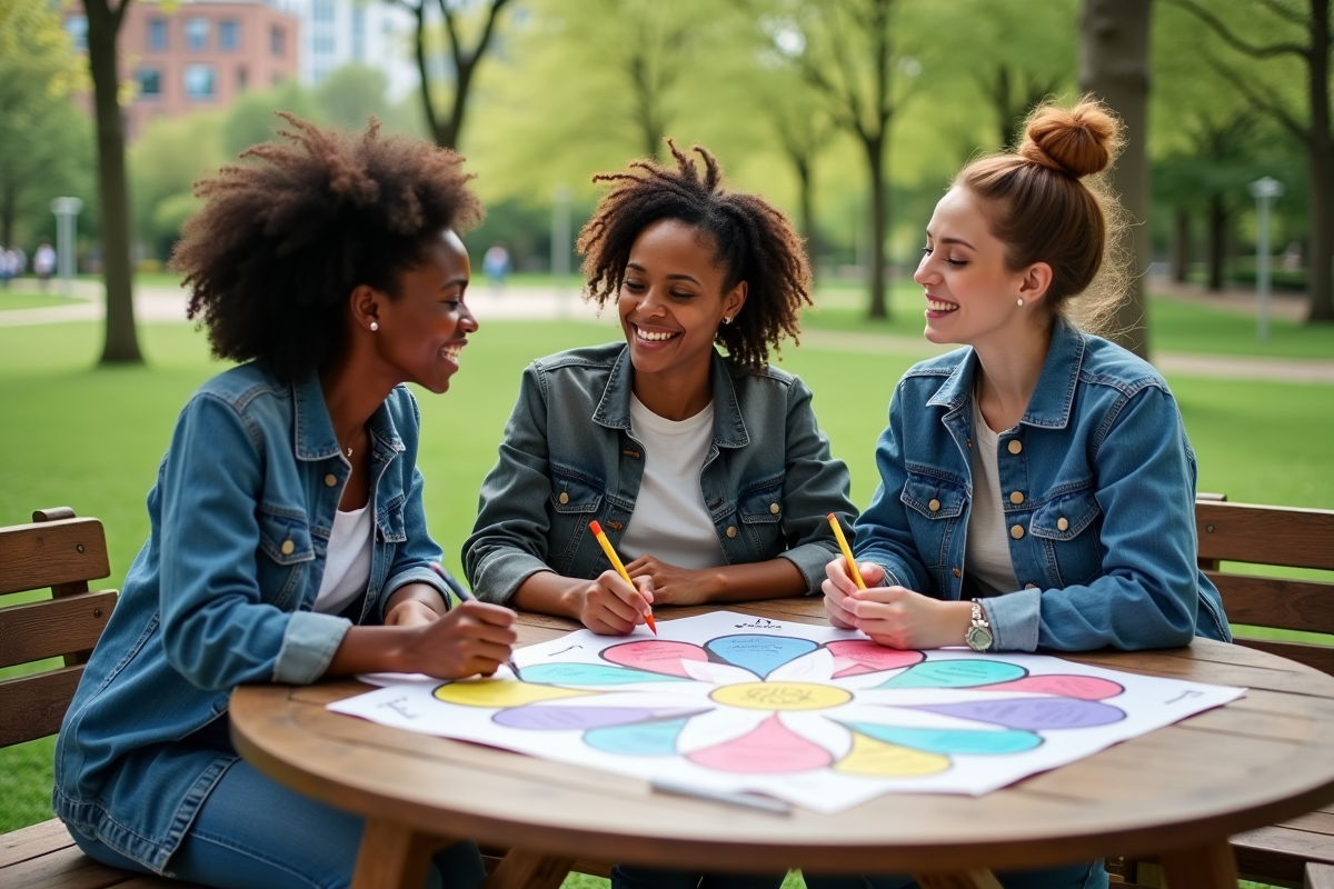 Groupe de trois personnes discutant autour d une roue du bien etre