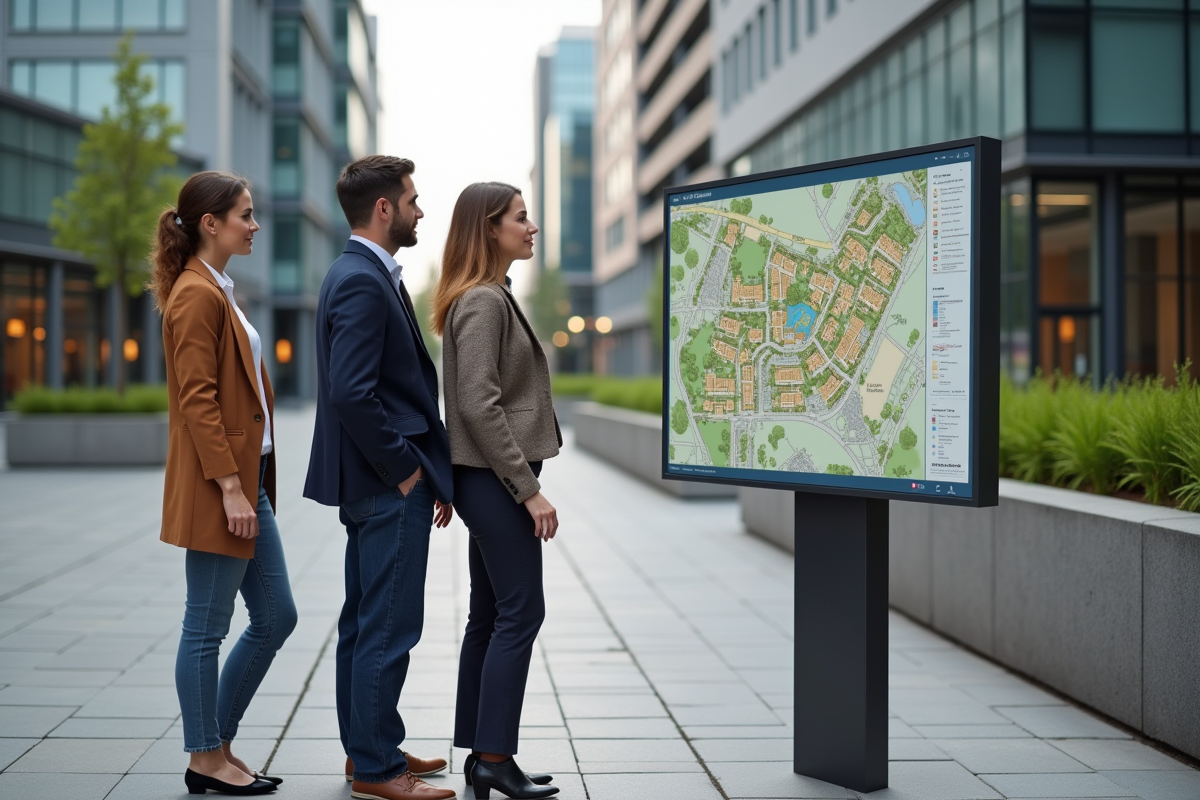 Groupe de personnes discutant plan de zonage en extérieur