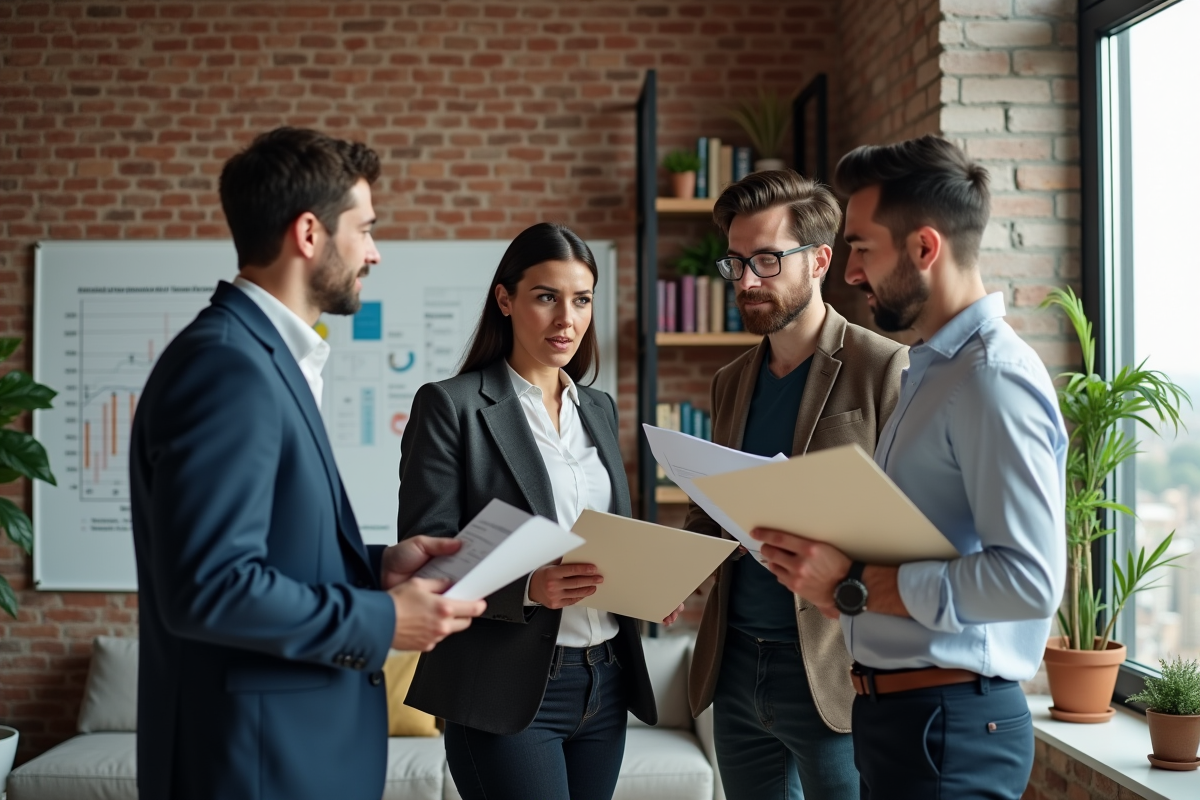 Quatre personnes regardent un tableau dans un salon urbain lumineux