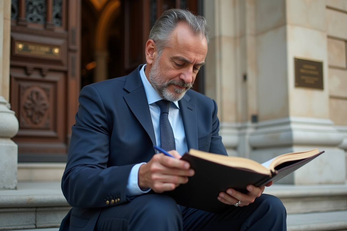 Homme en costume devant un bâtiment officiel français