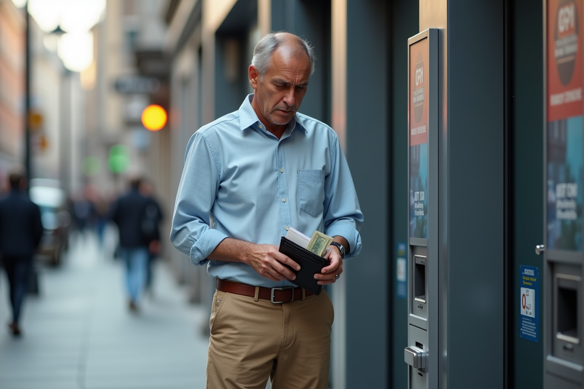 Homme vérifiant son argent devant un distributeur automatique