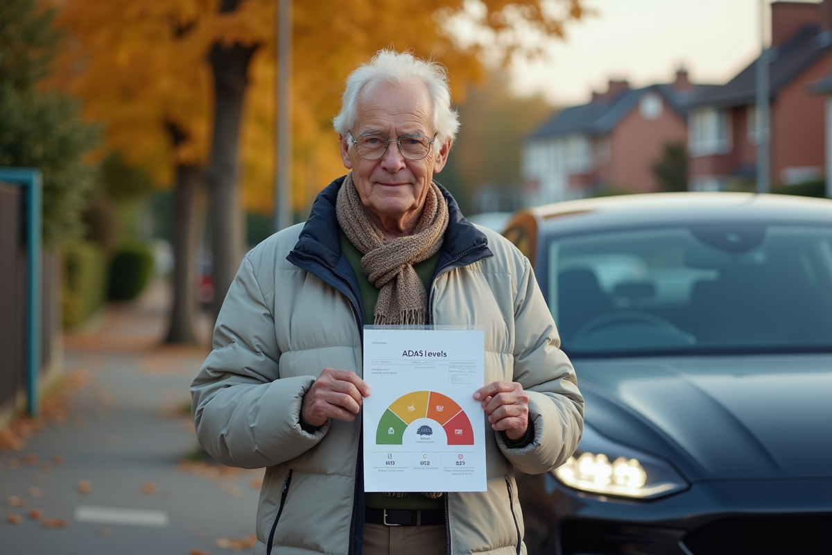 Homme âgé tenant un graphique expliquant les niveaux d