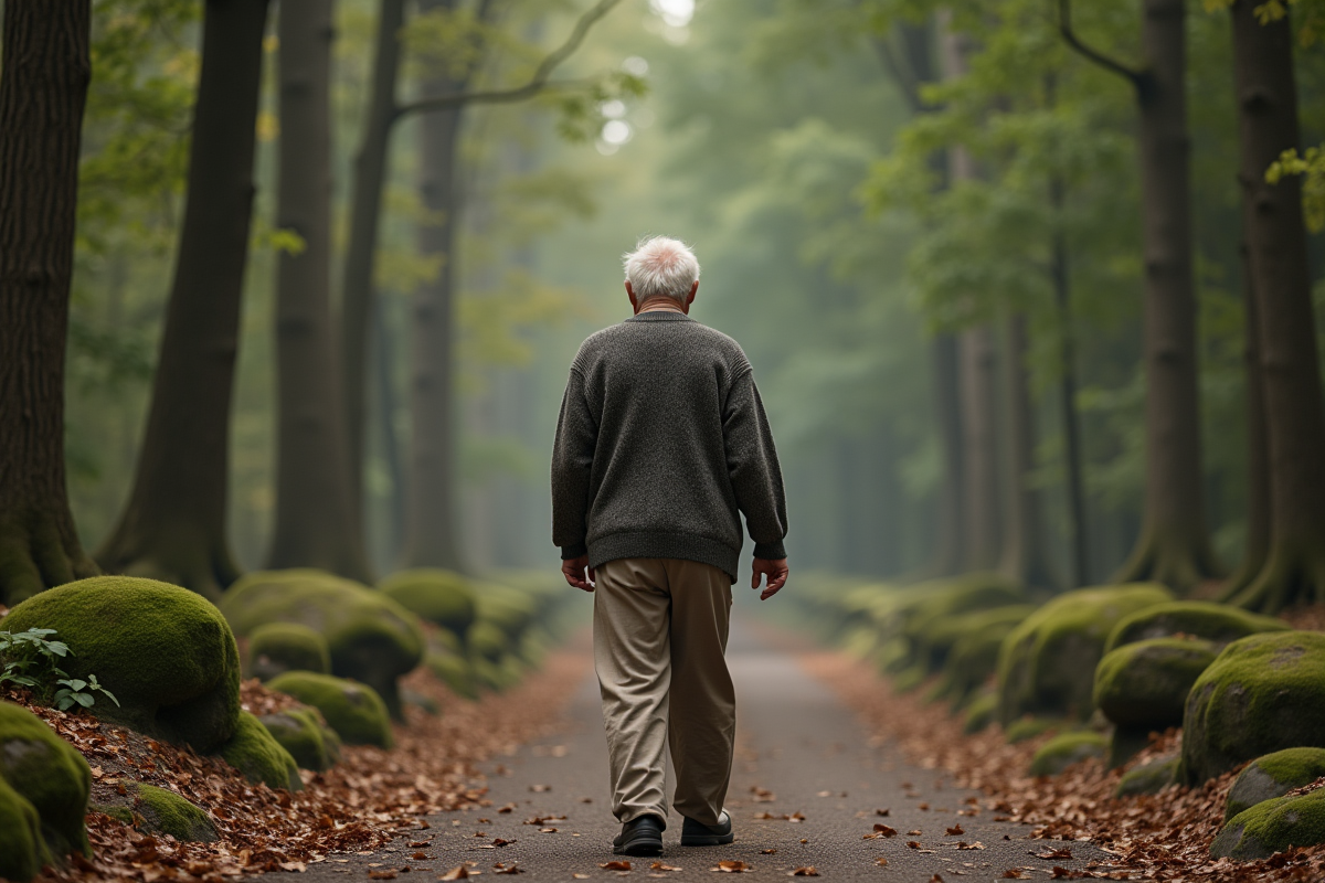 Homme âgé marchant dans la forêt avec vêtements confortables