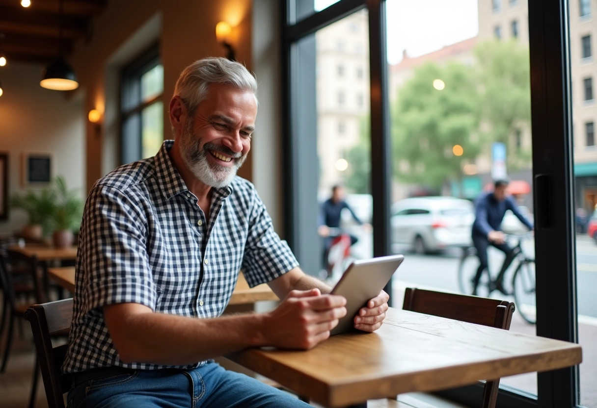 Homme souriant utilisant une tablette dans un café urbain lumineux