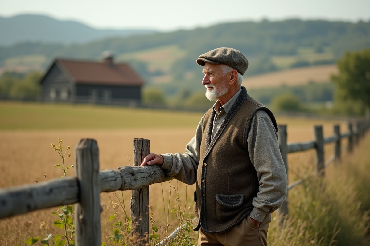 Homme age en tenue traditionnelle inspectant les cultures en plein air