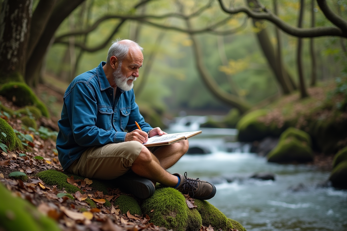 Homme dessinant dans la forêt au bord d