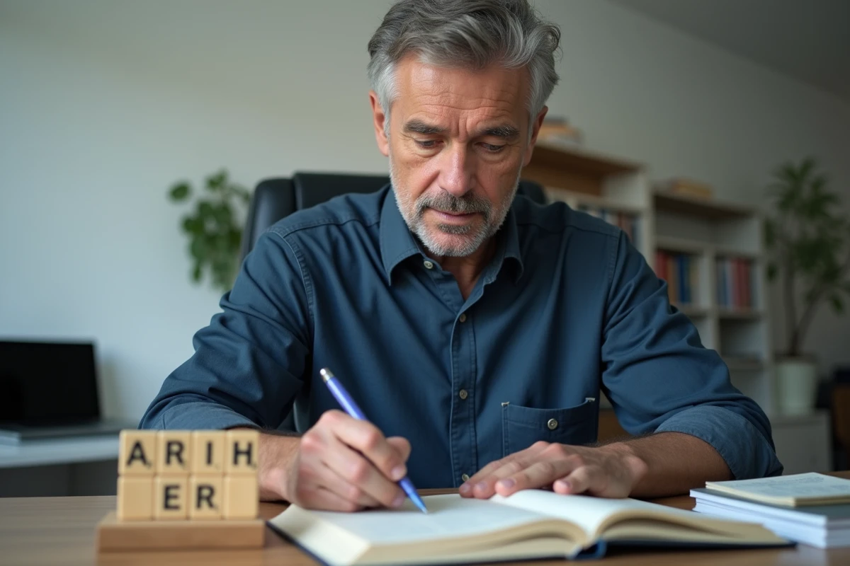 Homme consultant un dictionnaire français pour vérifier des mots valides au Scrabble