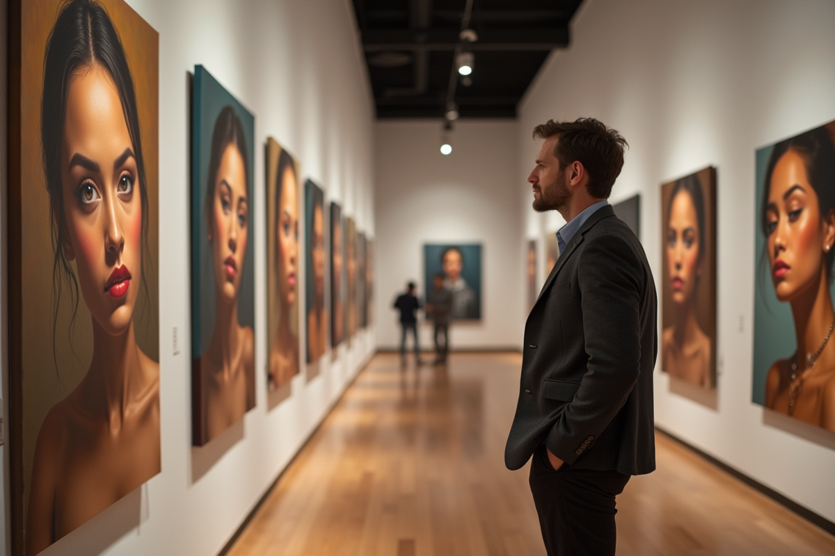 Homme observant des portraits de femmes dans une galerie d