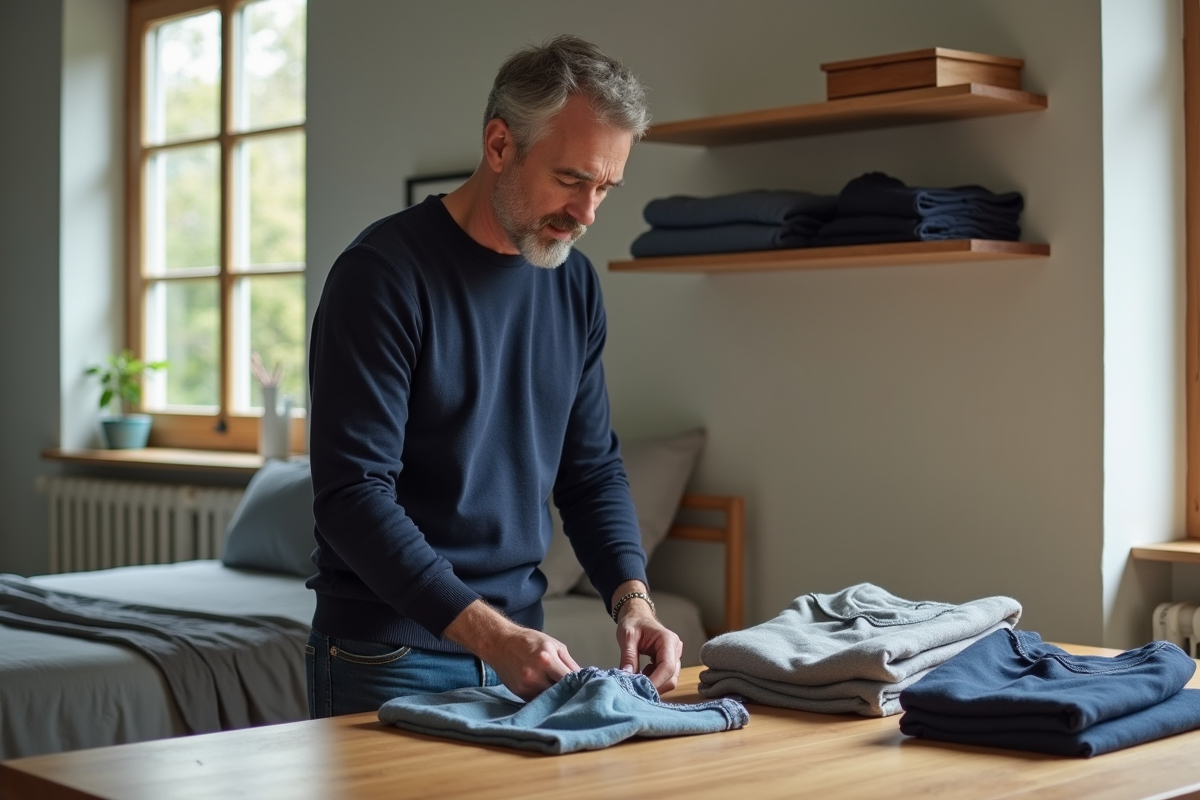 Homme pliant des vêtements dans une chambre chaleureuse et lumineuse