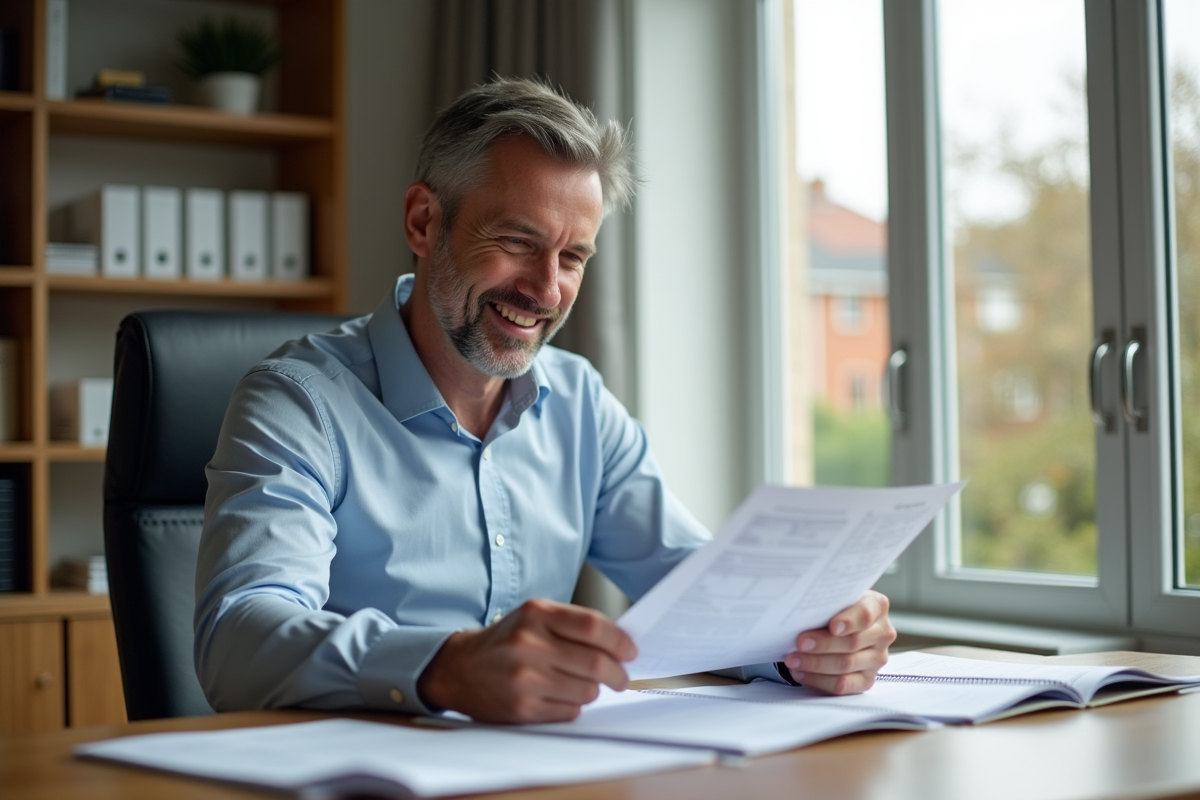 Homme vérifiant ses relevés financiers dans un bureau lumineux