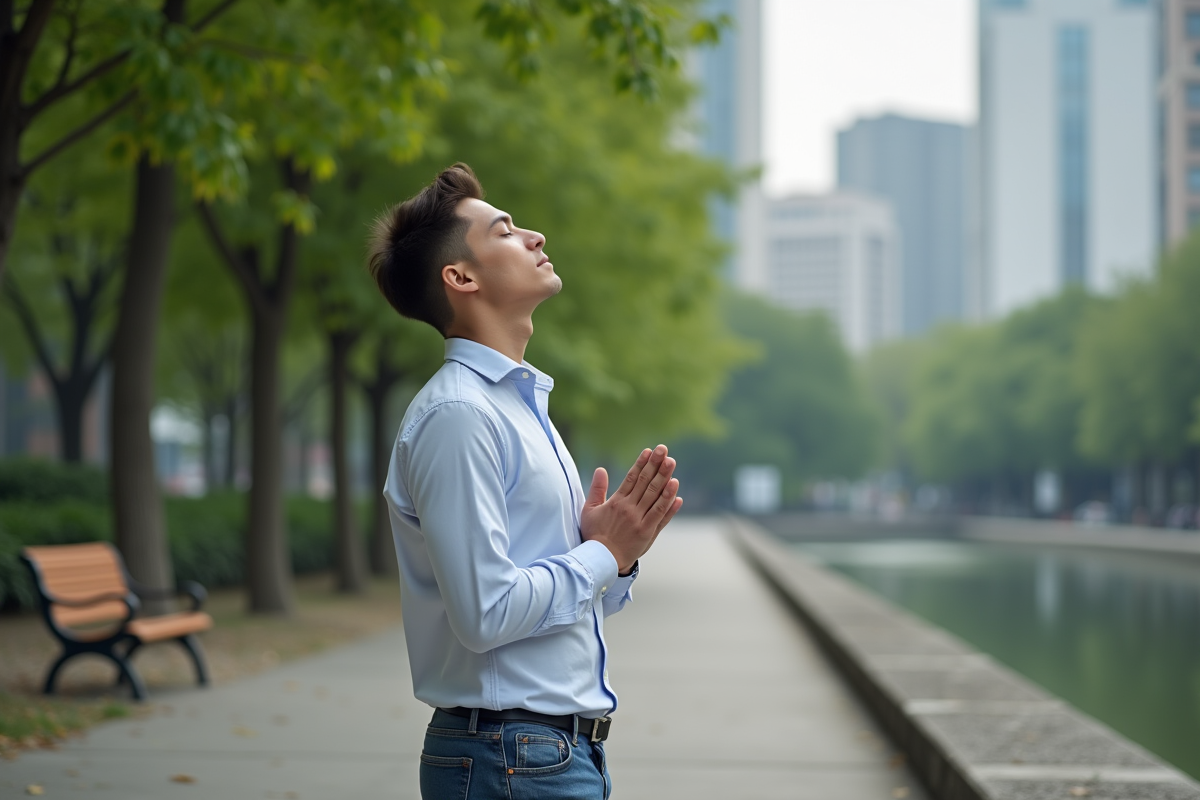 Jeune homme méditant dans un parc urbain calme